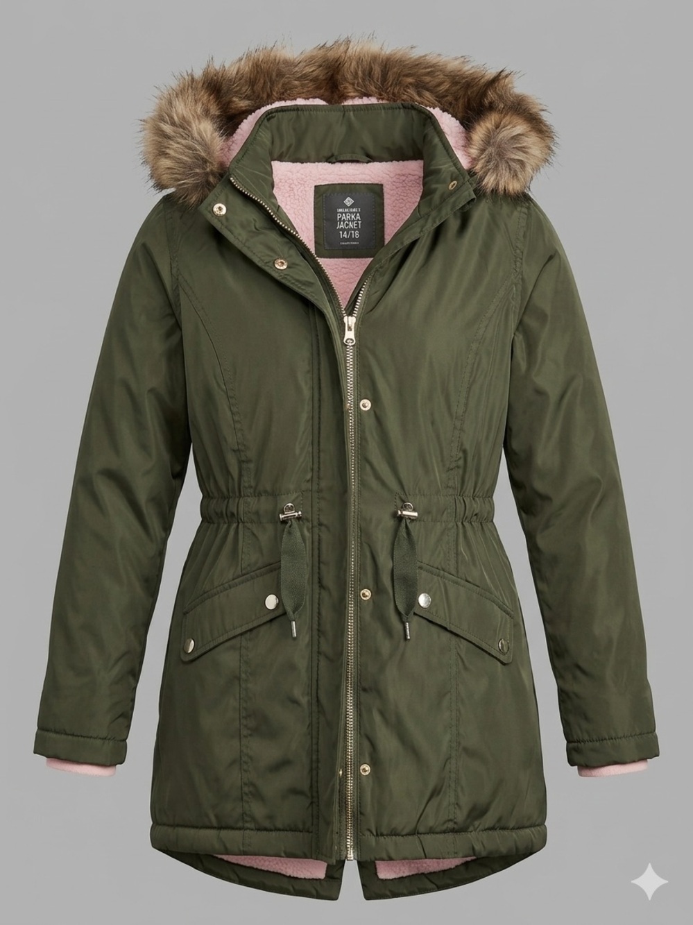 Member’s Mark Girls Parka Jacket 14/16 (L) | Olive Green Faux Fur Hood Coat